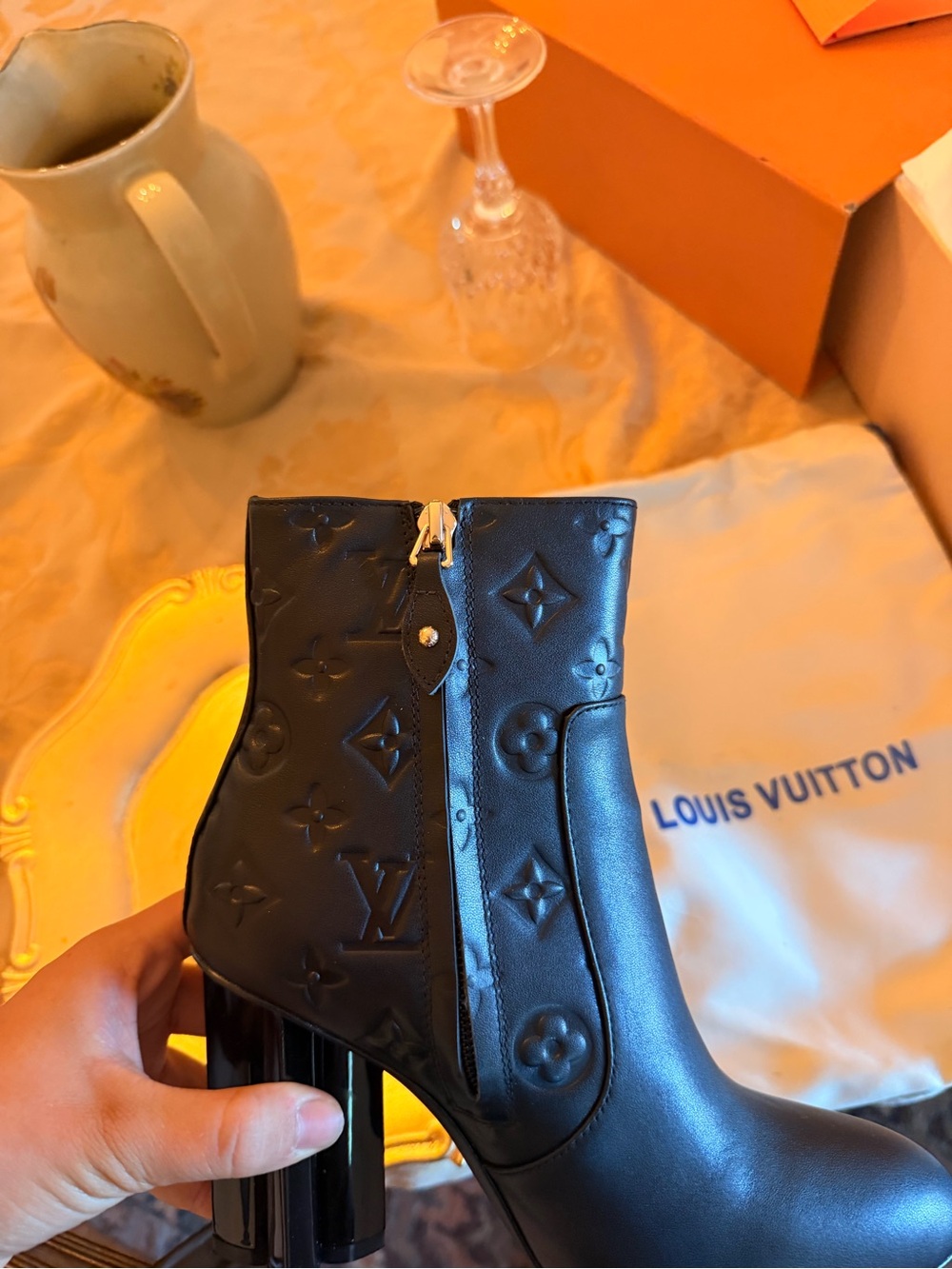 Louis Vuitton Black Embossed Monogram Leather Heeled Ankle Boots